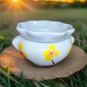 Vintage Ceramic Self Watering African Violet Planter Blue Yellow Floral 2 Piece